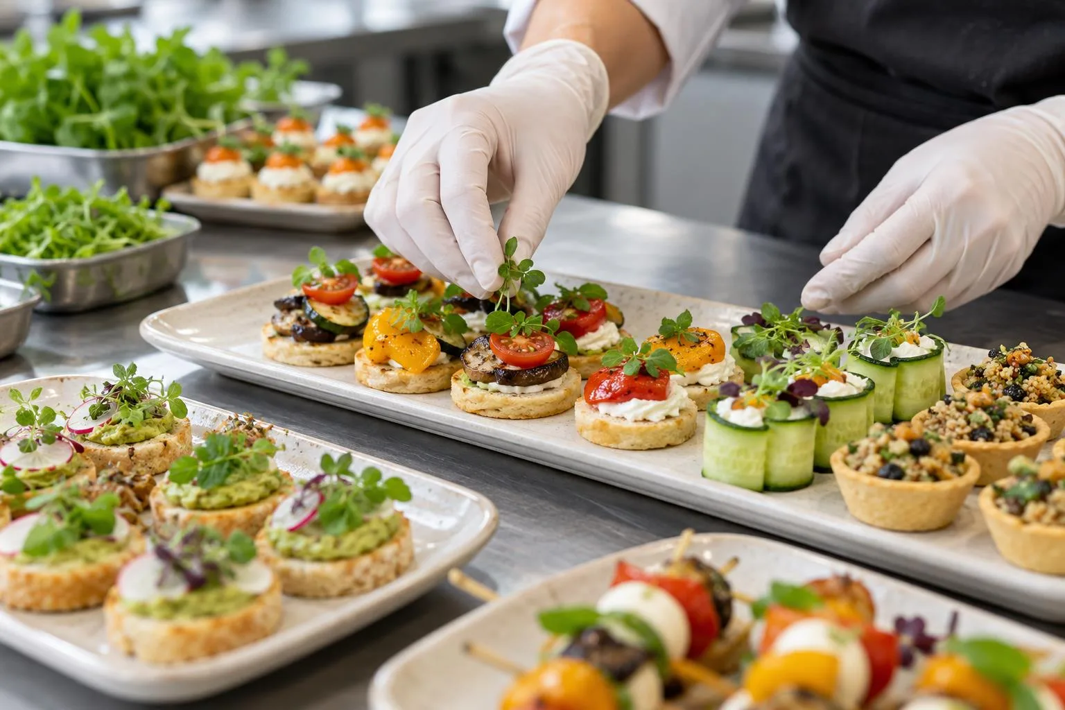 Professionelle Zubereitung frischer vegetarischer Häppchen für ein Catering
